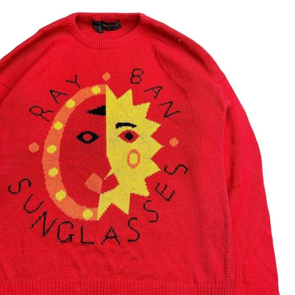 Vintage 80s Tony Lambert Ray Ban‎ Sunglasses Sweater Size Medium Red Knit Sun